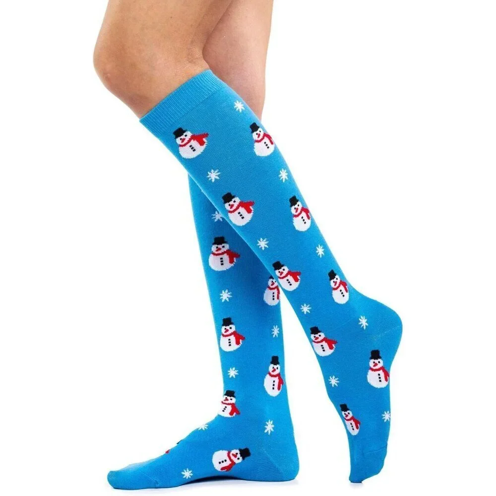 Women's Blue Fun And Festive Holiday Patterns Knee High And Crew Socks